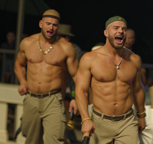 Dos turistas heteros británicos borrachos de origen africano, están en el mirador de Benidorm de noche, se han quitado la camiseta, extán excitados gritan y andan en busca de chicas.
