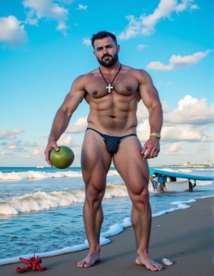 Paquetes y tangas. 
Chico musculoso latino, se encuentra en la playa Land's en Beach, en San Francisco. A pesar de que el tiempo no acompaña demasiado, se ha quedado en tanga para intentar algo lugar algo cerca  de la zona de cruising. Se ve algunos hombres haciendo cruising al fondo de la playa