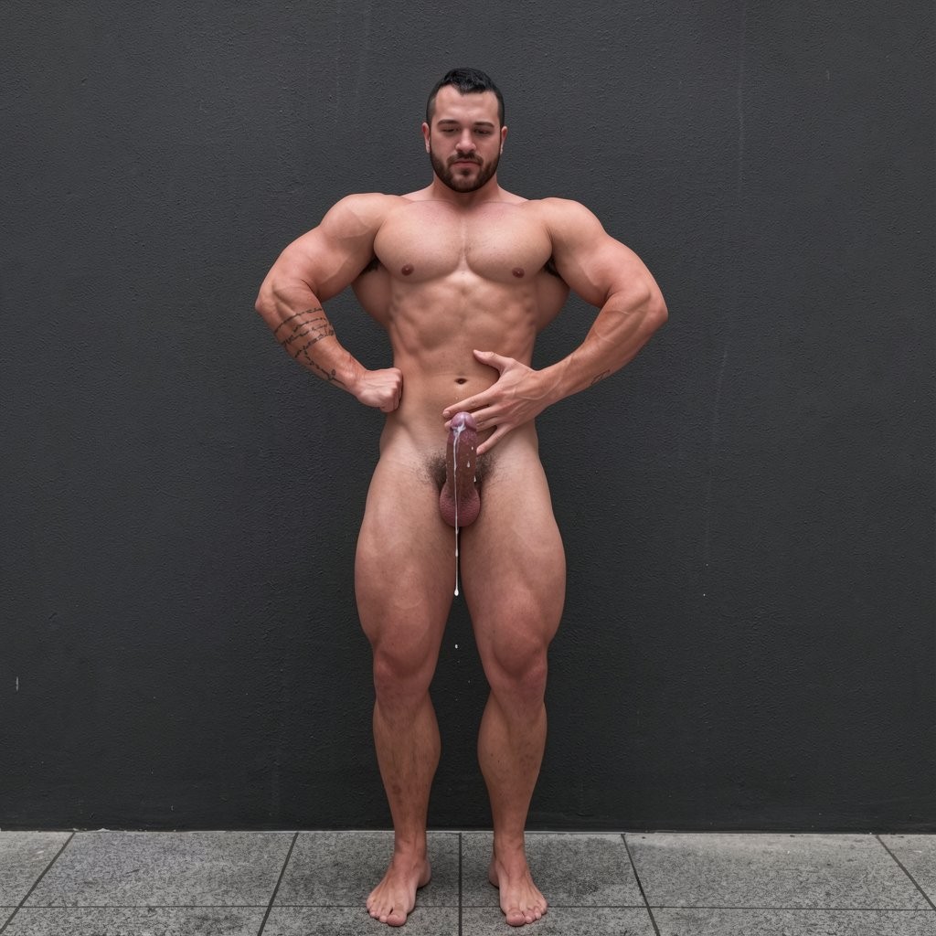 A naked and very muscular man poses standing in front of a dark gray wall, with his legs apart, bare feet on a tiled floor and a frontal bodybuilding pose that highlights defined shoulders, pectorals, abs, arms and quadriceps. He has a short beard, dark hair and a serious expression, looking at the camera. One hand is resting on his waist while the other holds his penis, from which a stream of white liquid falls to the floor. The scene has uniform lighting, a minimalist urban background and a centered framing that emphasizes the athletic physique, male nudity and body pose.