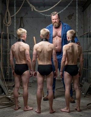 Tres chicos rubios de 20 años, extremadamente delgados y sin vello corporal, con el pelo corto, se muestran de espalda luciendo suspensorios negros que resaltan sus culos redondos y nalgas abiertas, mientras llevan un gran collar de cuero negro alrededor de sus cuellos. La escena se desarrolla en un cuarto oscuro y abandonado de una vieja fábrica, con cadenas colgando del techo, cuerdas retorcidas y algunas jaulas de barrotes de metal que añaden un ambiente de abandono y decadencia.

Al fondo de la escena, un hombre maduro de 40 años, con una presencia imponente debido a su gran altura, barba espesa y una complexión física robusta, viste un mono de trabajo azul con la parte superior abierta, revelando su torso peludo y musculoso. El mono parece estar abultado en la zona del pene, lo que sugiere una erección prominente. Lleva botas de cuero que complementan su atuendo de trabajador, y en una de sus manos sostiene una vara de madera, lo que le confiere un aire de autoridad y control.

La mirada del hombre maduro se dirige hacia los tres chicos rubios con una expresión de vicio y superioridad, como si estuviera evaluando o dominando la situación. La iluminación de la escena es tenue, con sombras profundas que realzan la textura de los cuerpos y los objetos, creando un ambiente cargado de tensión y sensualidad. La imagen debería ser hiperrealista, con detalles de alta calidad que permitan apreciar cada elemento de la escena con claridad.