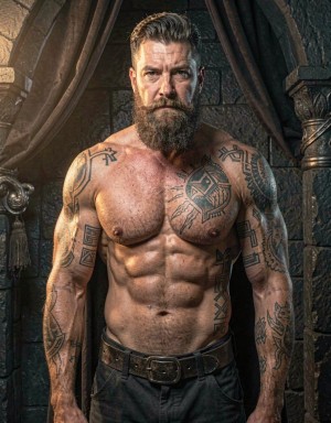 Un hombre tatuado y desnudo posa con porte dominante como un guerrero antiguo, su barba espesa enmarcando un rostro seguro y unos ojos felinos de mirada intensa. Se encuentra en una estancia de piedra oscura con telas pesadas y detalles metálicos que refuerzan su presencia imponente. Su cuerpo musculoso muestra grandes pectorales, pezones marcados y tatuajes densos que recorren la piel como símbolos rituales. La iluminación es dramática y lateral, con una fuente cálida tipo softbox a 45 grados que esculpe el torso, deja sombras profundas bajo los músculos y crea reflejos suaves sobre la piel. El ambiente es serio, poderoso y cinematográfico, con estética de retrato épico adulto.