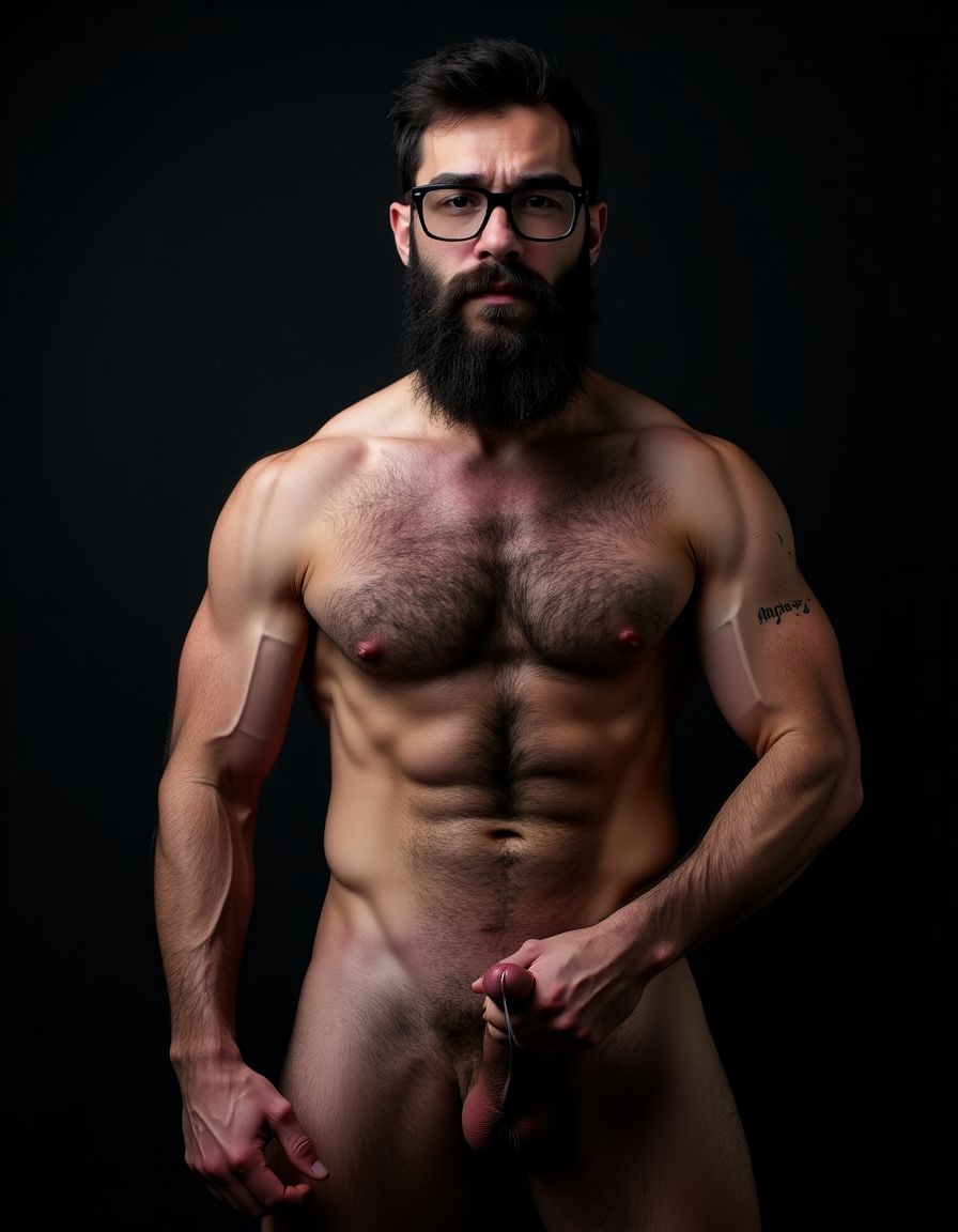 Fotografía hiperrealista de un hombre adulto musculoso a la vista desde las rodillas para arriba hasta la cabeza, rostro masculino idéntico a la imagen de referencia totalmente desnudo con polla erecta de treinta centímetros de longitud y ocho centímetros de diámetro, tiene rasgos marcados duros expresivos, barba densa poblada tupida oscura estilo hipster cubriendo completamente mandíbula mentón mejillas con grosor uniforme textura abundante muy definida, bigote denso tupido oscuro conectado perfectamente con la barba completa cubriendo completamente el labio superior, pelo oscuro medio peinado completamente recto hacia arriba con volumen considerable estilo hipster moderno quiff puntas verticales texturizadas hacia el cielo con altura prominente, cejas gruesas oscuras pobladas muy marcadas definidas, gafas de montura completa negra cuadradas grandes estilo hipster moderno sobre el puente de la nariz enmarcando unos ojos oscuros intensos que miran directamente a cámara con expresión seria penetrante confiada, expresión facial seria masculina sin sonrisa con mirada directa desafiante, pómulos marcados definidos angulares, nariz recta proporcionada, labios medios apenas visibles completamente cubiertos por bigote denso que conecta con la barba hipster completa, torso desnudo muy musculoso con pectorales enormes desarrollados y definidos y velludos peludos, hombros anchos musculosos deltoide prominentes, brazos musculosos gruesos con bíceps y tríceps marcados visibles a ambos lados del cuerpo, abdomen tonificado marcado visible desde la cintura, piel con textura realista detallada poros imperfecciones sutiles, vello corporal denso oscuro abundante cubriendo pectorales abdomen brazos hombros con textura natural masculina muy visible, tatuaje en tinta negra en el bíceps del brazo derecho con la palabra exacta a la vista 