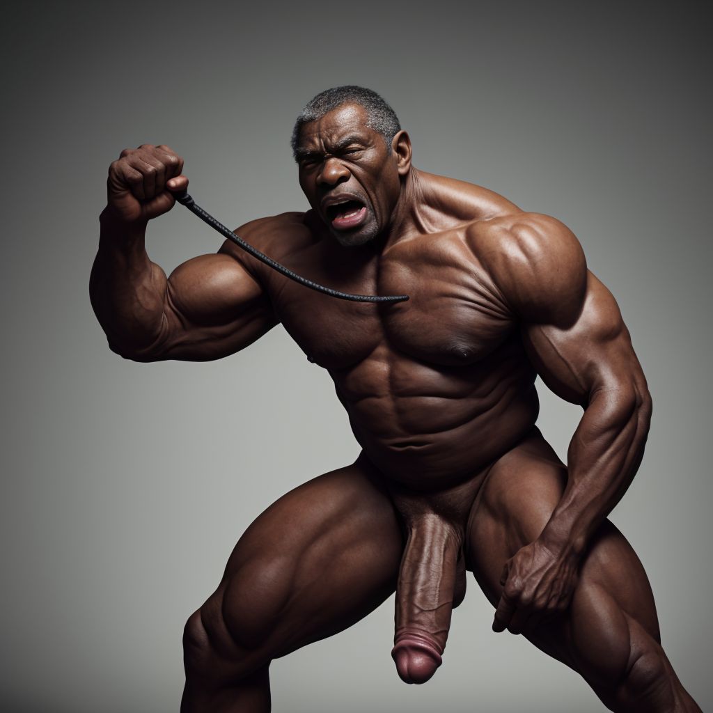 macho negro bien arrugado, verga muy grande, encorvado y aspecto dominante, y gritando con una fusta en la mano y ojos desorbitados de unos ochenta años