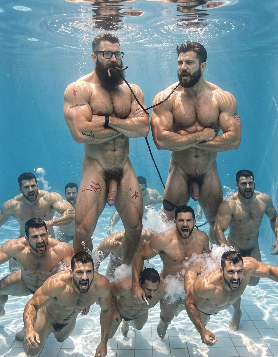 A group of naked, muscular men pose underwater in a light-tiled swimming pool, with two central figures standing, bearded and wearing goggles or a breathing mouthpiece connected by black tubes, their arms crossed and with a dominant attitude. Their athletic bodies, hairy torsos, tattoos, strong thighs, and visible penises are illuminated by the bluish light filtering through the water’s surface. Around and below them, several men swim or move toward the camera with intense expressions, open mouths, and energetic gestures, creating an underwater scene of physical strength, male nudity, competition, and homoerotic aesthetics in a pool setting.
