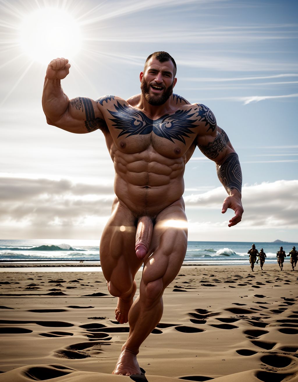 Tres soldados de caballería, desnudos musculosos y muy tatuados, de 30 años de edad, disfrutan de su día de descanso haciendo deporte en una playa del Pacífico, están corriendo en la orilla del mar, están desnudos y mostrando su grandes penes y hermosos testículos. Tienen mucho vello por todo el cuerpo. Hay mucha luz solar alumbrando todo el ambiente 