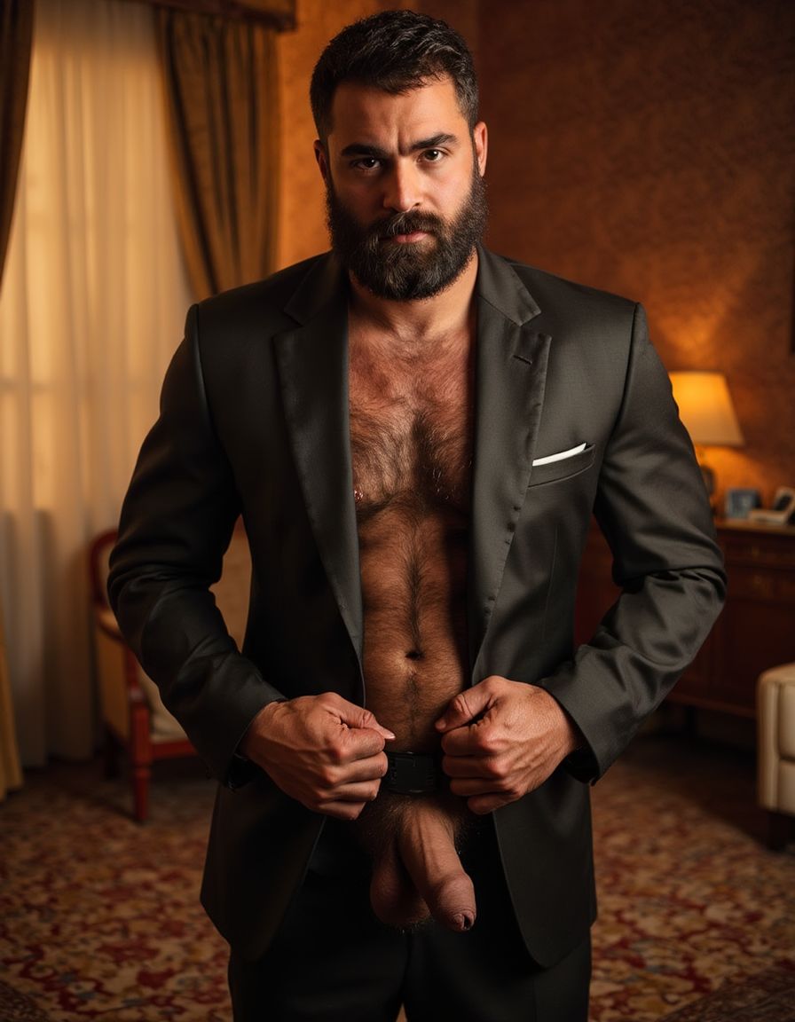 Un hombre árabe maduro de 50 años, musculoso y varonil, con una barba y bigote espesos, y un cuerpo cubierto de vello, viste un traje tradicional árabe desabrochado, revelando su pecho velludo. Su mirada es intensa y dominante. Está de pie en una habitación lujosa con alfombras y cortinas de seda, bañado en una iluminación cálida y sensual. Su pene erecto, peludo y lleno de venas, mide 40 cm de longitud y 8 cm de diámetro, y está a punto de eyacular. Con las manos en la parte inferior del abdomen, rodea su pene para masturbarse, destacando su excitación y placer. La imagen es hiperrealista, con detalles de alta calidad, y muestra claramente la textura del vello, la seda y la carne, creando una atmósfera sensual y erótica.