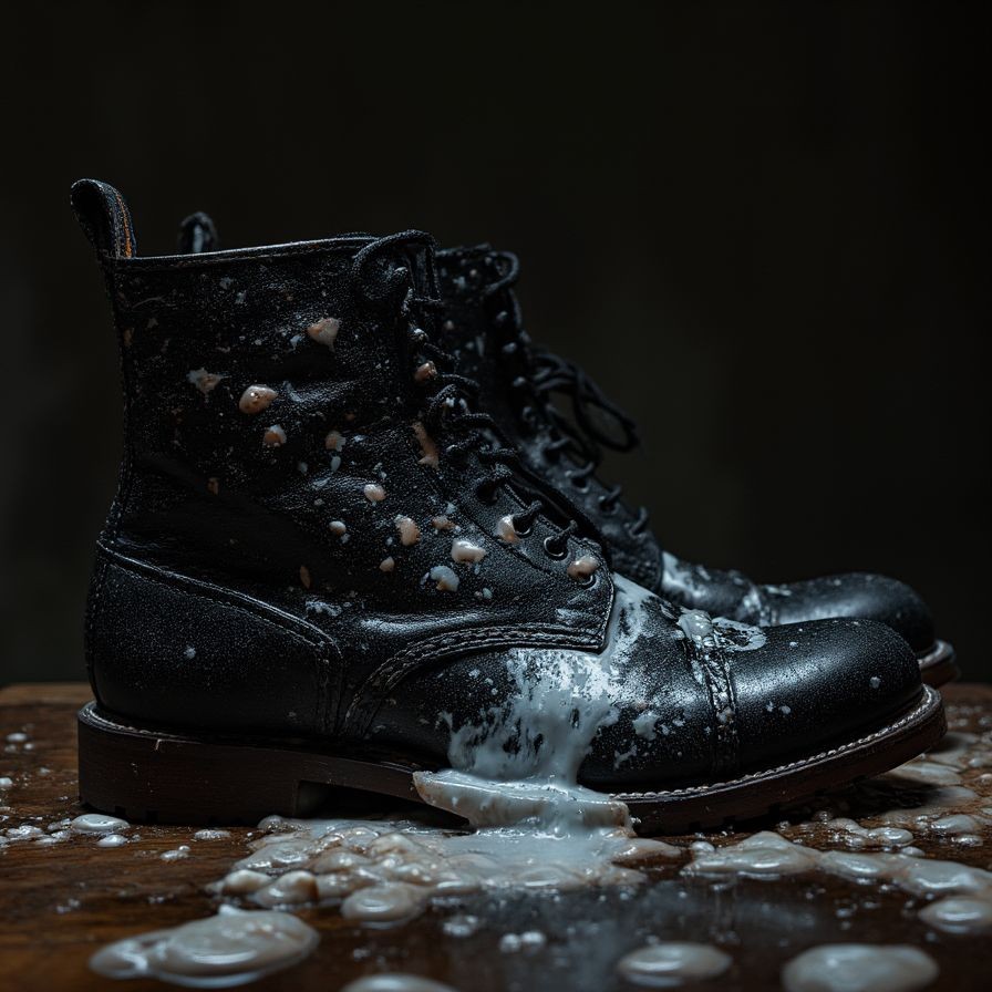 Un par de botas negras de cuero, robustas y con cordones, aparece sobre una superficie de madera mojada, cubierto por salpicaduras y gotas de un líquido blanco espeso que resbala por la puntera y los laterales. La iluminación tenue y el fondo oscuro crean una atmósfera dramática, resaltando el brillo húmedo del cuero, las costuras, los ojales metálicos y la suela gruesa. Alrededor de las botas se acumulan charcos y manchas lechosas mezcladas con agua, dando una sensación de suciedad, desgaste y textura intensa en una escena de estilo fotográfico sombrío y muy contrastado.