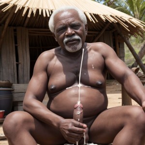 negro viejo sentado junto a su choza largando un chorro de leche sobre una maricona en la cara