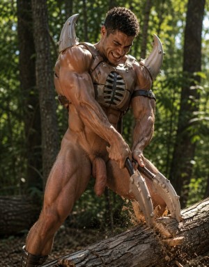Un hombre muy musculoso y desnudo trabaja en un bosque frondoso cortando un tronco con una herramienta grande de aspecto mecánico o fantástico, similar a una motosierra integrada en una garra metálica. Lleva una armadura parcial de estilo guerrero o cosplay, con piezas sobre el pecho, hombreras curvas con forma de cuernos y brazaletes oscuros, mientras el resto del cuerpo queda expuesto, incluido el pene. Su piel está brillante por el sudor, los músculos de brazos, abdomen y piernas aparecen muy marcados, y su expresión tensa refleja esfuerzo al serrar la madera, levantando serrín alrededor del corte bajo la luz natural filtrada entre los árboles.