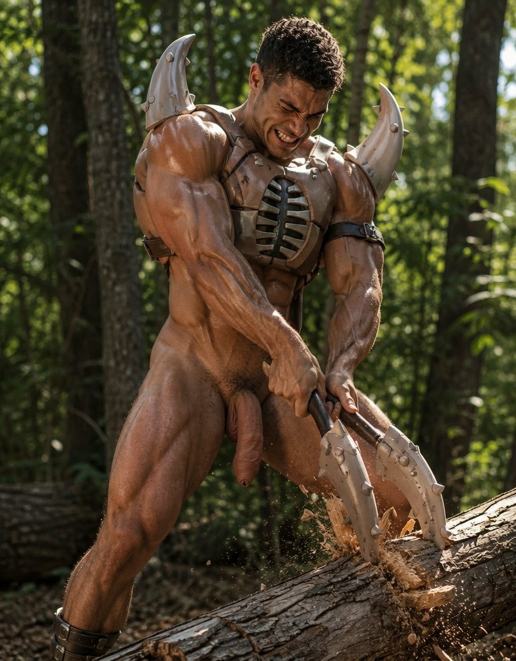 A very muscular, naked man works in a lush forest cutting a log with a large mechanical or fantastical-looking tool, similar to a chainsaw integrated into a metal claw. He wears partial warrior- or cosplay-style armor, with pieces over the chest, curved horn-shaped shoulder pads, and dark bracers, while the rest of his body remains exposed, including the penis. His skin is shiny with sweat, the muscles of his arms, abdomen, and legs appear very defined, and his tense expression reflects the effort of sawing the wood, raising sawdust around the cut under the natural light filtered through the trees.
