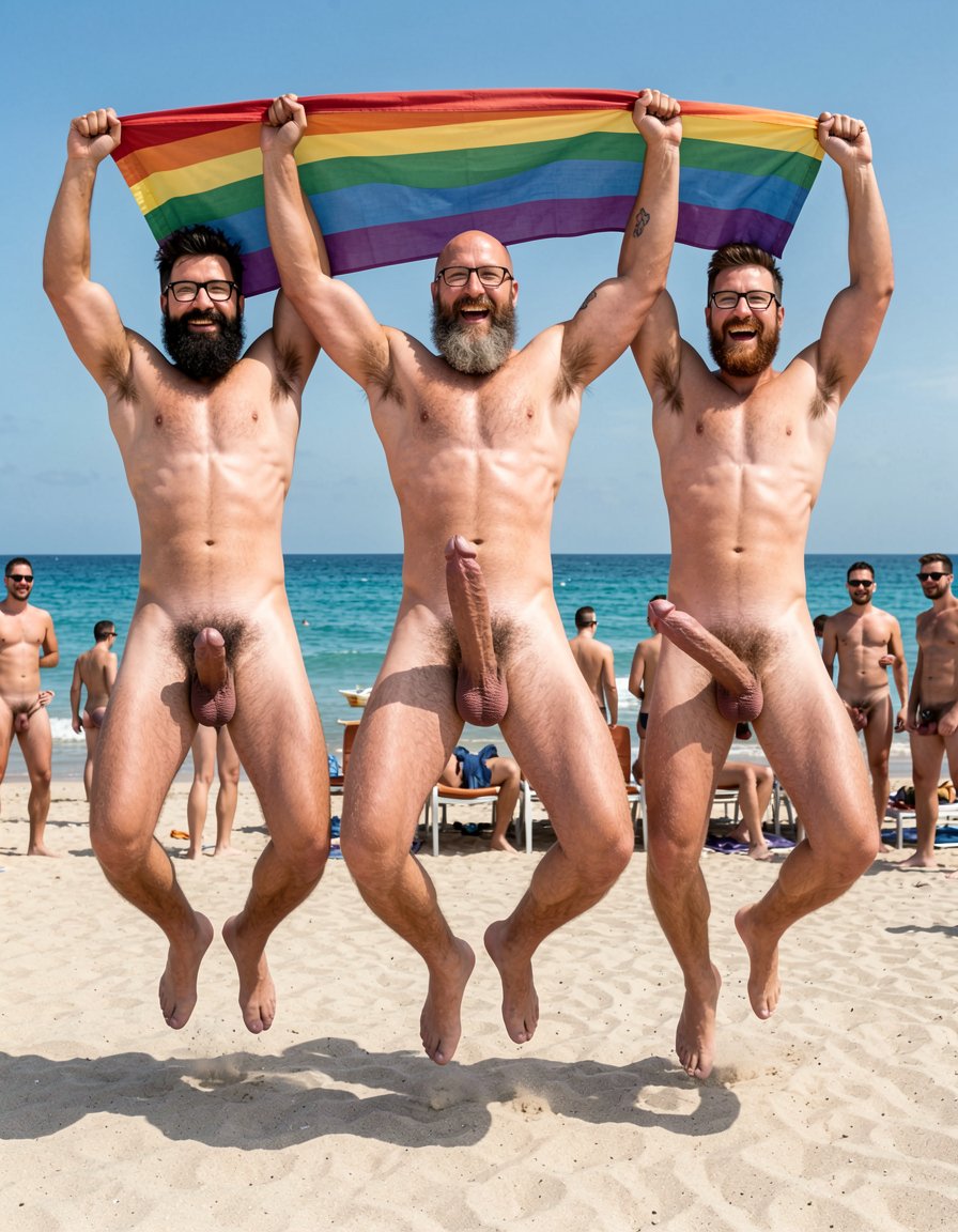 Hyperrealistic photograph captured at the exact peak of the jump at midday on the sand of El Playazo, Vera Playa, Almería, right in front of chiringuito El Pirata. The three of you are completely naked, leaping high into the air with pure joy, knees pulled up toward your chests and legs spread wide open so your hairy assholes are fully exposed and visible to everyone. Arms raised in victory, big genuine laughs on your faces, bodies tensed and muscles exploding under the bright Mediterranean sun.

Hipsterbarba is in the exact center of the frame: 40 years old, 1.80m, 80kg, 8% body fat, completely dry and shredded six-pack with visible linea alba, dense black chest hair, trail running down to your thick pubic bush, rounded separated pecs, wide shoulders, vascular arms, extremely long and perfectly groomed Bandholz beard flying backward from the motion, spiral-curled mustache tips, black-rimmed glasses, high fade undercut hair, small “hipsterbarba” tattoo on your right biceps, thick beautiful 19cm cock swinging heavily upward against your abs, large hairy balls bouncing freely. Your hairy asshole is spread wide open in the jump, pink and tight in the center of the frame.

To your left, Erik (38, strong build, thick black beard, hairy muscular body) jumps with the same energy, his thick 19cm cock and heavy balls in full view, hairy asshole completely exposed. To your right, Ferran (36, athletic and hairy, shorter brown beard) also jumps with legs spread, 17cm cock bouncing, hairy asshole on full display.

All three cocks are semi-hard from the excitement, precum already visible on the tips. Bright sunlight creates sharp shadows that highlight every muscle striation, every hair follicle, every drop of sweat flying off your bodies. The turquoise sea and the terrace of El Pirata are visible in the background with other naked men watching, laughing and starting to get hard. Ultra-detailed skin texture, individual hairs, flying beard strands, perfect anatomical accuracy, cinematic midday lighting, no sign, pure joyful exhibition.

A tu izquierda está Erik: 38 años, complexión fuerte, barba negra espesa, músculos bien definidos, polla gruesa de 19 cm completamente expuesta. También sujeta la pancarta sobre su cabeza con un brazo y saluda con la mano derecha.

A tu derecha está Ferran: 36 años, barba castaña más corta, cuerpo atlético y peludo, polla de 17 cm también visible. Sujeta la pancarta sobre su cabeza y saluda con la mano derecha.

Los tres miráis directamente a la cámara con buena vibra, músculos tensos y piel ligeramente brillante por el sol. La pancarta arcoíris ondea con elegancia por encima de vuestras cabezas, el mar turquesa brilla al fondo y la terraza del chiringuito El Pirata se ve detrás con algunos nudistas observando la escena. Iluminación perfecta de mediodía, texturas hiperrealistas de piel, vello individual, tela moviéndose y colores vivos. Imagen nítida, con mejor composición y mayor detalle en todos los elementos.