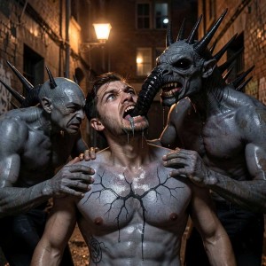 Un hombre sin camiseta aparece atrapado en un callejón oscuro y húmedo, iluminado por farolas cálidas, mientras dos criaturas demoníacas de piel gris, musculosas y con cuernos lo sujetan por los hombros. El ser de la derecha, más grande y amenazante, acerca su rostro monstruoso con colmillos y una larga lengua o apéndice negro introducido en la boca del hombre, que mira hacia arriba con expresión de terror y dolor, con saliva escurriendo por la barbilla. La piel del pecho del hombre muestra venas negras agrietadas como una infección sobrenatural, además de un tatuaje lateral. La escena transmite horror corporal, posesión demoníaca y ataque nocturno en un entorno urbano decadente.