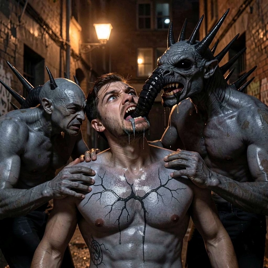 A shirtless man appears trapped in a dark, damp alley, lit by warm streetlights, while two gray-skinned, muscular, horned demonic creatures hold him by the shoulders. The being on the right, larger and more threatening, brings its monstrous face with fangs close, with a long black tongue or appendage inserted into the man’s mouth, as he looks upward with an expression of terror and pain, saliva running down his chin. The skin of the man’s chest shows cracked black veins like a supernatural infection, as well as a side tattoo. The scene conveys body horror, demonic possession, and a nighttime attack in a decaying urban environment.