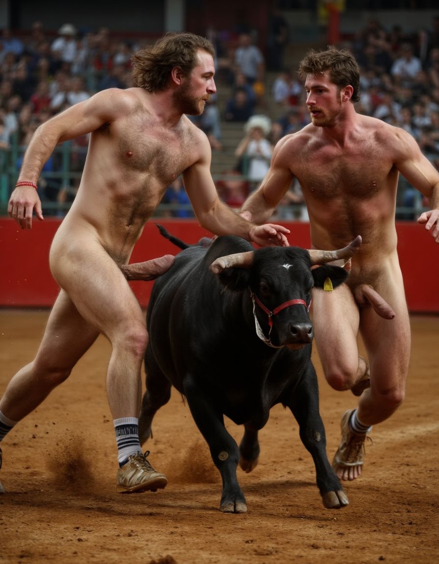Un torero español musculoso y velludo de 50 años, con torso atlético y marcado, se muestra completamente desnudo, destacando su pene de 30 cm de longitud y 5 cm de grosor, perfectamente formado y rodeado de un denso vello púbico castaño oscuro. Sus testículos, perfectamente formados, cuelgan de forma prominente. La piel bronceada y sudorosa resalta su musculatura definida, con pectorales y abdominales bien marcados y sin grasa. El cabello largo y castaño oscuro está despeinado y sudoroso, con gotas de sudor resbalando por su frente y mejillas. Una barba incipiente y un vello corporal denso que se extiende por su pecho, piernas y brazos completan su apariencia viril. Lleva sandalias marrones en sus pies.

A su lado, un hombre musculoso y velludo de 30 años, completamente desnudo, muestra un pene erecto de 30 cm de longitud y 4 cm de grosor, hermoso y perfecto, rodeado de un denso vello púbico pelirrojo. Su piel bronceada y sudorosa muestra una musculatura definida, con pectorales y abdominales muy marcados. Tiene cabello pelirrojo despeinado y sudoroso. Tiene una barba pelirroja densa pero bien recortada. El vello corporal pelirrojo denso cubre su pecho, y tiene mucho vello pelirrojo en sus piernas y brazos, lo que realza su apariencia masculina y atlética. Están corriendo en la plaza de toros con un toro

Ambos hombres se encuentran en una plaza de toros, con sombras que resaltan su musculatura y vello corporal, creando un ambiente sensual y cargado de tensión. Están en pleno acto de pasión, con sus penes erectos y testículos prominentes ,destacando su musculatura, vello corporal y atributos viriles en una imagen impactante y llena de energía. La escena está llena de sensualidad y poder, con los dos hombres como protagonistas, en un ambiente cargado de pasión y erotismo. La imagen es híper realista, con detalles de alta calidad, y muestra la unión de los dos hombres en un acto de pasión y dominio, con sus cuerpos musculosos y velludos completamente desnudos y visibles, mostrando su excitación y pasión en cada detalle. Tienen sus penes erectos, desde la uretra del glande del pene eyaculan semen blanco lanzado en abundancia. Están totalmente desnudos. Tiene un pene de 30 cm de longitud y 5 cm de diámetro.