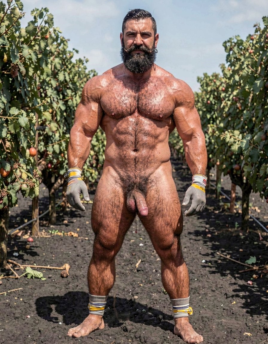 A hyper-realistic full-body vertical photograph taken in harsh midday Santorini sunlight over black volcanic soil between rows of Assyrtiko vines. Dimitris, 32, stands completely naked except for grey work gloves with yellow and white stripes, feet planted wide apart on the dark earth, toes gripping the soil. Shot from a low frontal angle so every inch from his big dirty feet to the top of his head is visible without cropping. His body is at 5% body fat, extremely muscular competition physique: huge veiny traps and shoulders, massive hairy pecs, eight-pack abs partially covered by dense black curly body hair that runs from his neck all the way down to his toes. Extremely thick black pubic bush, massive thick veiny Greek cock rock-hard and pointing upward almost touching his abs, swollen purple glans shiny with precum, a long clear drop hanging from the slit. Heavy low-hanging hairy balls. Thick black hair covers his powerful thighs, calves and feet. His face is pure predator: long thick connected black beard and mustache, short jet-black hair with shaved sides, dark intense eyes looking straight at the viewer, small silver earring in left ear. Skin deeply tanned and covered in sweat that makes the dense body hair glisten. Every muscle, every strand of wet black hair, every vein is razor sharp under the direct Mediterranean sun. Maximum photorealistic detail, vertical composition showing the entire body head to toe with no cropping.
