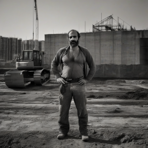 árabe 45 años velludo en obra de construcción de frente con pelo en el pecho con la polla fuera del pantalón y haciendo pis