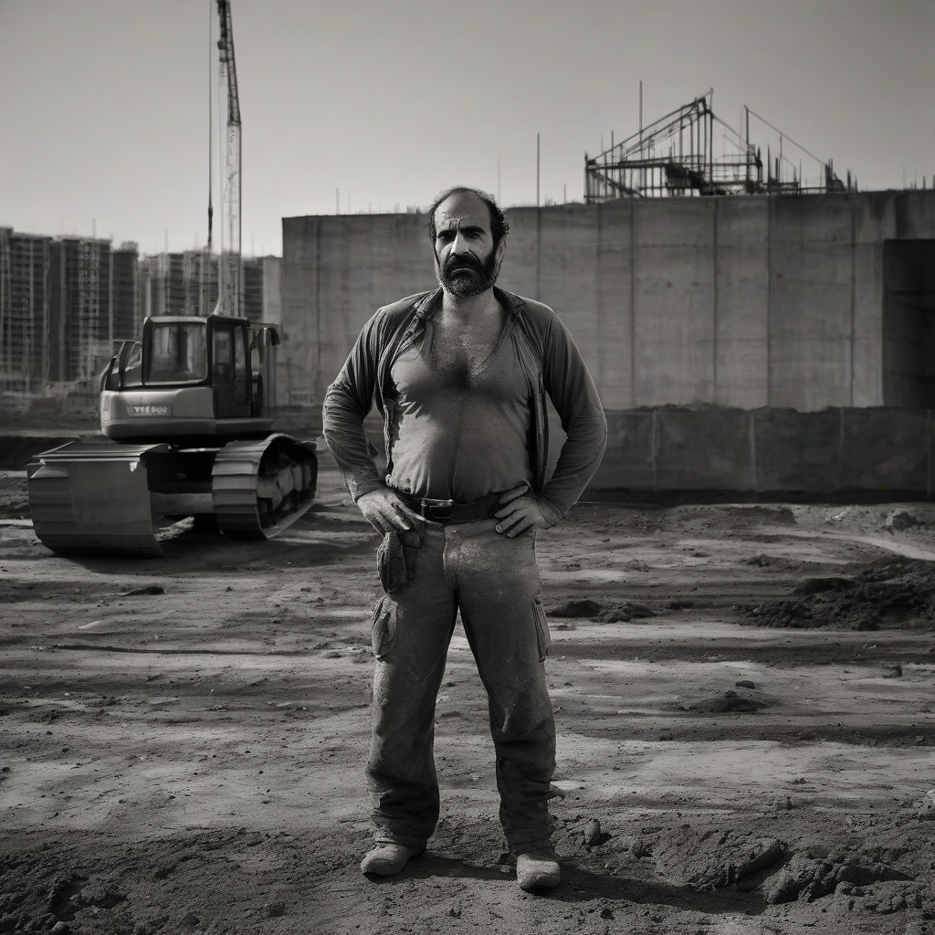 árabe 45 años velludo en obra de construcción de frente con pelo en el pecho con la polla fuera del pantalón y haciendo pis