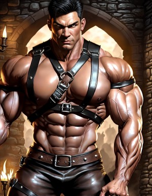 Hombre musculoso con arnés de cuero muy sexy:1.6, piel realista con vello y sudor:1.4, en una mazmorra gótica oscura, ultra detallado:1.3, sombras hiperrealistas, resolución 8k, texturas de piedra y hierro, iluminación tenue con antorchas, fondo misterioso.
