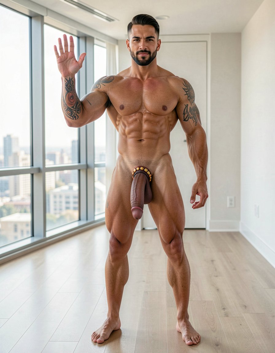 Photorealistic portrait full body shot indoor modern minimalist apartment background white walls large windows daylight natural lighting, extremely handsome masculine dominant man late 30s early 40s rugged alpha male appearance standing center frame confident powerful stance legs apart facing camera direct eye contact intimidating authoritative gaze, extremely muscular athletic professional bodybuilder physique massive shoulders wide back extreme V-taper narrow waist thick powerful legs eight-pack abs visible completely naked fully nude entire body visible head to feet, short dark hair perfectly styled masculine haircut thick dark stubble beard covering strong angular jaw chiseled masculine facial features piercing intense dark eyes looking directly at camera dominant expression slight arrogant smirk confident attitude, completely naked totally nude muscular body fully exposed massive defined pecs abs obliques Adonis belt visible muscular arms biceps triceps forearms thick muscular thighs quads hamstrings calves feet visible standing barefoot hardwood floor, huge thick long erect cock massive erection pointing upward enormous penis fully erect large thick shaft prominent glans meatus visible heavy hanging balls testicles visible between thick muscular thighs, small black ink tattoo right upper arm bicep brachial region curved text following anatomical muscle contour letters reading 