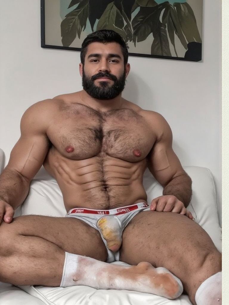 Hombre musculoso sentado en un sofá blanco, con el torso desnudo, barba oscura y pelo corto, mirando directamente a la cámara con expresión seria y relajada. Su pecho velludo, abdominales marcados, brazos fuertes y muslos grandes destacan en una pose abierta, con las piernas separadas y las manos apoyadas a los lados. Lleva unos calzoncillos blancos tipo slip con cintura roja y estampado amarillento en la parte frontal, además de calcetines blancos visiblemente manchados en las plantas. El ambiente parece doméstico e íntimo, con una pared clara detrás y un cuadro decorativo de hojas verdes sobre su cabeza, creando una escena de retrato masculino, físico atlético y actitud segura.