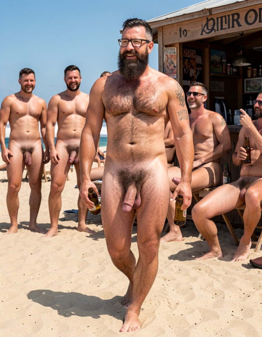 Photorealistic cinematic scene of Hipsterbarba walking confidently on the hot golden sand of the nudist beach El Playazo in Vera Playa, Almería, near the chiringuito El Pirata at bright midday sun. 40 year old Spanish muscle bear, 180cm tall, 80kg, 8% body fat, completely dry and shredded six-pack with deep cuts, visible linea alba and dark treasure trail from navel to dense black pubes. No belly whatsoever. Rounded developed pectorals covered in dense dark masculine chest hair, small dark erect nipples. Broad rounded shoulders, vascular muscular arms with the small black tattoo 