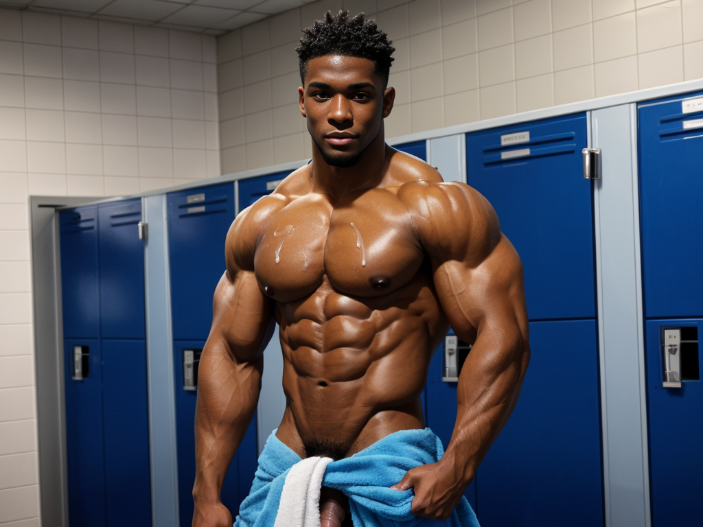 Hombre negro musculoso en vestuario de gimnasio, mostrando su enorme pene duro y cortado con glans brillante, mientras se seca los abdominales duros con una toalla azul pequeña, rostro y cuerpo completo visible, destacando su fisico atlético y genitales prominentes.