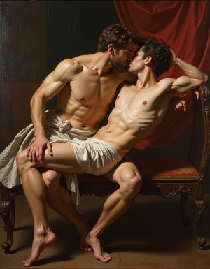 Pintura al óleo estilo rococó del siglo XVIII, Infante Don Luis de Borbón de 50 años desnudo muy velludo penetrando con pasión a su amigo Julián de Vallabriga desnudo de 25 años también muy velludo, ambos con cuerpos masculinos cubiertos de vello corporal denso en pecho abdomen piernas brazos, aspecto varonil y masculino intenso, barba espesa en ambos rostros, él con piernas abiertas peludas recibiendo su pene erecto enorme de 50 centímetros eyaculando abundante semen líquido blanco saliendo por la punta del glande, chorros de esperma blanco denso, pene de Julián también eyaculando semen blanco copioso, fluidos corporales blancos viscosos derramándose, cuerpos masculinos velludos entrelazados en acto sexual intenso en momento de orgasmo, rostros de placer extremo con barbas, el Infante Don Luis de Borbón velludo sobre su amigo Julián de Vallabriga velludo en posición misionero, sudor y semen brillando entre el vello corporal denso, expresiones de éxtasis masculino en clímax sexual, en alcoba aristocrática española con dosel de terciopelo rojo, sábanas de seda blanca manchadas de semen blanco, luz de velas creando sombras dramáticas sobre cuerpos velludos, atmósfera erótica y pasional homoerótica masculina, composición inspirada en pinturas eróticas barrocas, tonos cálidos dorados y rojos intensos, cortinas pesadas de terciopelo, mobiliario barroco español al fondo, estilo pictórico clásico español del XVIII con escena sexual explícita gay hipermasculina con eyaculación.