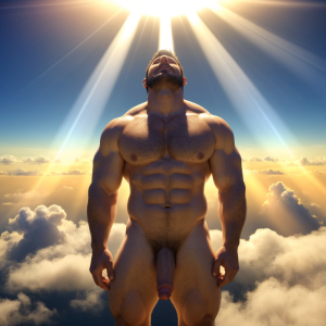 Dos hombres machos musculosos desnudos delgados muy viriles con pene grande y testículos grandes y peludos. El hombre tiene pene erecto y grande, testículos peludos. Tiene aros luminosos blancos y azulados en sus cabezas, rezan a Dios mirando al cielo, iluminados por una gran luz divina. Están volando por las nubes del cielo. Son muy atractivos. Están volando entre nubes, flotando rodeados de nubes