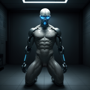 In a dark, industrial-futuristic room, a light-skinned submissive man is kneeling on the floor, fully naked except for a tight black collar with a glowing tag that reads 'OBEDIENCE'. His posture is completely surrendered: back arched slightly forward, head bowed, hands behind his back. His body is marked with faint glowing tattoos across his shoulders and chest—codes, restraints, and evolving symbols of control. Behind him stand two contrasting figures:

To his left, a tall cybernetic humanoid (Stud), cold and glowing with blue digital lights, extending a neural cable to the back of the submissive's head. To his right, a muscular and dominant male figure (Álvaro), shirtless, with sweat on his skin, holding a training whip loosely, his eyes fixed on the kneeling figure with possessive intensity. The room is filled with blue-gray mist, metallic walls, and low lights, emphasizing the hierarchy and control. The kneeling man shows signs of arousal, but with a calm, entranced expression, fully obedient. The tattoo on his neck pulses softly, starting to shift into a more complex symbol.