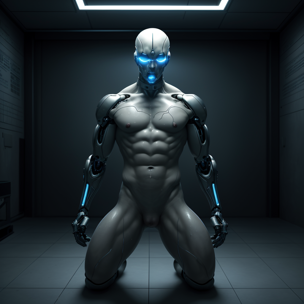 In a dark, industrial-futuristic room, a light-skinned submissive man is kneeling on the floor, fully naked except for a tight black collar with a glowing tag that reads 'OBEDIENCE'. His posture is completely surrendered: back arched slightly forward, head bowed, hands behind his back. His body is marked with faint glowing tattoos across his shoulders and chest—codes, restraints, and evolving symbols of control. Behind him stand two contrasting figures:

To his left, a tall cybernetic humanoid (Stud), cold and glowing with blue digital lights, extending a neural cable to the back of the submissive's head. To his right, a muscular and dominant male figure (Álvaro), shirtless, with sweat on his skin, holding a training whip loosely, his eyes fixed on the kneeling figure with possessive intensity. The room is filled with blue-gray mist, metallic walls, and low lights, emphasizing the hierarchy and control. The kneeling man shows signs of arousal, but with a calm, entranced expression, fully obedient. The tattoo on his neck pulses softly, starting to shift into a more complex symbol.
