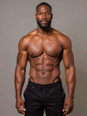 Muscular dark-skinned man posing standing in front of a neutral gray background, shirtless and with a serious expression, looking directly at the camera. His athletic and defined physique stands out, with broad shoulders, defined pectorals, very visible abs, strong arms, and pronounced veins in his forearms. He has a well-groomed short beard, very short hair, and black jogger-style pants with a drawstring at the waist, contrasting with the soft studio lighting on his skin. The frontal, symmetrical, and firm posture highlights an aesthetic of fitness, bodybuilding, strength training, and professional male portraiture.
