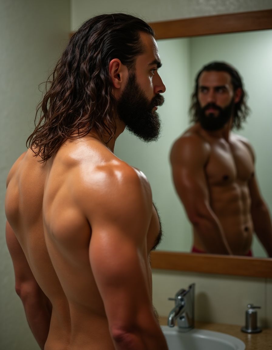 Un chico atlético de 35 años sale de la ducha desnudo. Su larga melena morena le cae por el lateral derecho de su cara. Su barba de 3 días brilla con las gotas de agua. Su cuerpo depilado está bronceado. Su pene es grande y peludo. En la pared hay un gran espejo que refleja su ancha espalda y su culo redondo y prieto. 