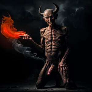 Hombre anciano y delgado, de aspecto raquítico, arrodillado frente al diablo, chupando su pene gigante, con expresión de sumisión, en un ambiente oscuro y sombrío, con llamas y humo en el fondo, el diablo sonríe con placer, mientras el anciano muestra una mezcla de miedo y deseo en su rostro.