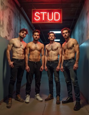 4 hombres de 19 años sin camiseta en una mazmorra industrial, al fondo hay un cartel de neon donde pone "STUD"