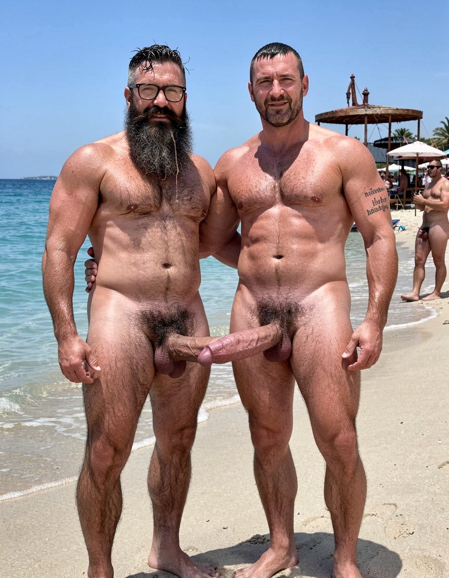 Photorealistic ultra-detailed cinematic midday shot at El Playazo nudist beach in Vera Playa, Almería. Hipsterbarba and Ferran standing side by side on the hot sand right at the water's edge, both completely naked, shoulder to shoulder, under harsh bright Mediterranean sun. Hipsterbarba is 40 years old, 180cm, 80kg, 8% body fat, zero belly, extremely dry shredded six-pack with visible linea alba, dense black chest hair, thick trail of dark hair from navel to heavy bush, powerful vascular arms and shoulders, strong hairy quads with defined vastus, hamstrings and adductors, high fade undercut haircut, extremely long thick well-groomed Bandholz beard reaching almost to his navel, big mustache with long curled spiral tips, black hipster glasses, small black tattoo “hipsterbarba” on right bicep. His thick heavy veiny cock hangs semi-hard between his legs, fat glans partially visible under foreskin, heavy low-hanging hairy balls, still dripping thick precum from the previous rubbing. His long beard is wet and sticky with precum.

Ferran stands right next to him, 28 years old, same extreme competition shape, 5% body fat, massive rounded pecs, carved eight-pack, narrow waist, huge veiny arms, short dark stubble, polished high fade, small “hipster barba” tattoo on bicep. His long thick cock is still fully hard, shiny with precum and saliva, heavy balls tight. His hip is touching Hipsterbarba’s, their cocks almost brushing against each other.

Both men stand confident and dominant, sweat glistening on every muscle and black body hair, harsh sunlight creating strong highlights and deep shadows on abs, veins, wet beards and genital details. Turquoise sea gently touching their feet, chiringuito El Pirata visible in the background with other naked muscular men watching them from a distance, some stroking their hard cocks. Hyperrealistic skin texture, individual beard and body hairs, realistic sand and water, sharp focus, raw explicit male scene, cinematic midday lighting.