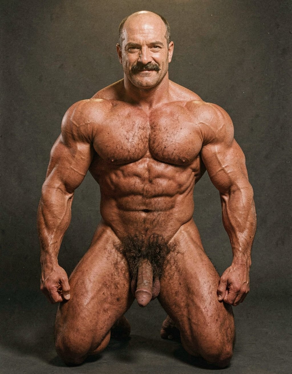 Mike Morris, the 32-year-old Caucasian bodybuilder with an athletic and extremely defined muscular physique, stands at full attention in a strict military pose, feet together, legs straight, back rigidly upright, shoulders back, chest thrust forward, arms at his sides with fists clenched, and head held high looking straight ahead with a serious, almost threatening expression. Full body shot from the tips of his toes to the top of his bald head. He is completely naked. His advanced Norwood III-IV male pattern baldness is clearly visible, with a shiny tanned scalp on top, short dark brown hair only on the sides and back. His square, angular face with strong jaw, prominent cheekbones, thick dark handlebar mustache, heavy brows, and intense deep-set brown eyes under slightly hooded lids stares forward with firm authority. His massive square pectorals are pushed out, dark brown chest hair forming a dense classic T-pattern down the sternum and spreading across his wide six-pack abs. Small dark nipples sit low on the pecs. A trail of dark hair leads to an extremely dense, thick, curly dark brown pubic bush that climbs almost to his navel. His heavy 14 cm flaccid cock hangs thick over large, low-hanging hairy testicles, the skin of the shaft noticeably lighter than his tanned body. Powerful veined forearms, developed traps flowing into delts, defined quads with visible separation, diamond-shaped calves, and hairy feet complete the figure. Warm directional studio lighting from above and slightly to the side creates sharp highlights on his oiled skin, deep shadows that accentuate every muscle fiber, the texture of his dense body hair, and the contrast between his tanned body and lighter genital area. Photorealistic, 1970s Colt Studio aesthetic, high contrast, masculine and commanding presence, grainy film texture.  ... Está de rodillas.. Mike Morris sonríe...