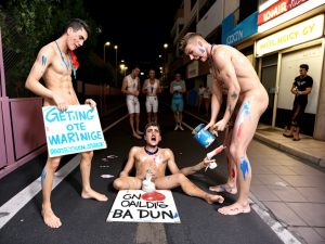 Despedida de soltero hetero, un chico joven es obligado a desnudarse y los compañeros le tiran botes de pintura encima y líquidos, también le mean, lleva el cuello un cartel de mañana me caso y se encuentra en plena calle de Benidorm en la zona de los ingleses