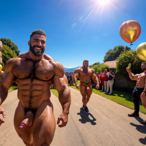 Dos hombres machos musculosos desnudos muy viriles con pene grande y testículos grandes y peludos. Caminando 10🌞🎂🍾🥂
