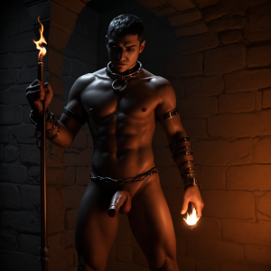 Esclavo latino desnudo encadenado, con collar de metal, masturbándose frente a su Amo el cual viste todo de cuerpo negro y tiene un látigo en una mano y una vara en la otra mano, siendo el escenario un calabozo iluminado con una antorcha 