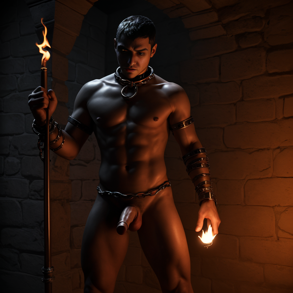 Esclavo latino desnudo encadenado, con collar de metal, masturbándose frente a su Amo el cual viste todo de cuerpo negro y tiene un látigo en una mano y una vara en la otra mano, siendo el escenario un calabozo iluminado con una antorcha 