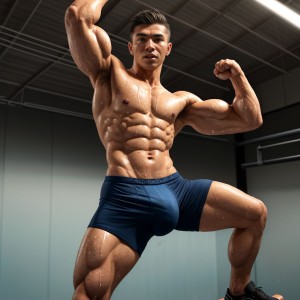A very muscular bodybuilder poses in a gym with his torso bare and tight dark blue shorts, showing marked abs, defined pectorals, enormous arms and powerful legs under intense lighting. His skin appears shiny from sweat, highlighting vascularity and muscle definition while he flexes both biceps, with one knee raised on a surface and a dominant posture of physical display. The industrial background, with a metal ceiling, long lights and gray walls, reinforces the atmosphere of training, strength, fitness, bodybuilding and competition, focusing all attention on his athletic and extremely defined physique.