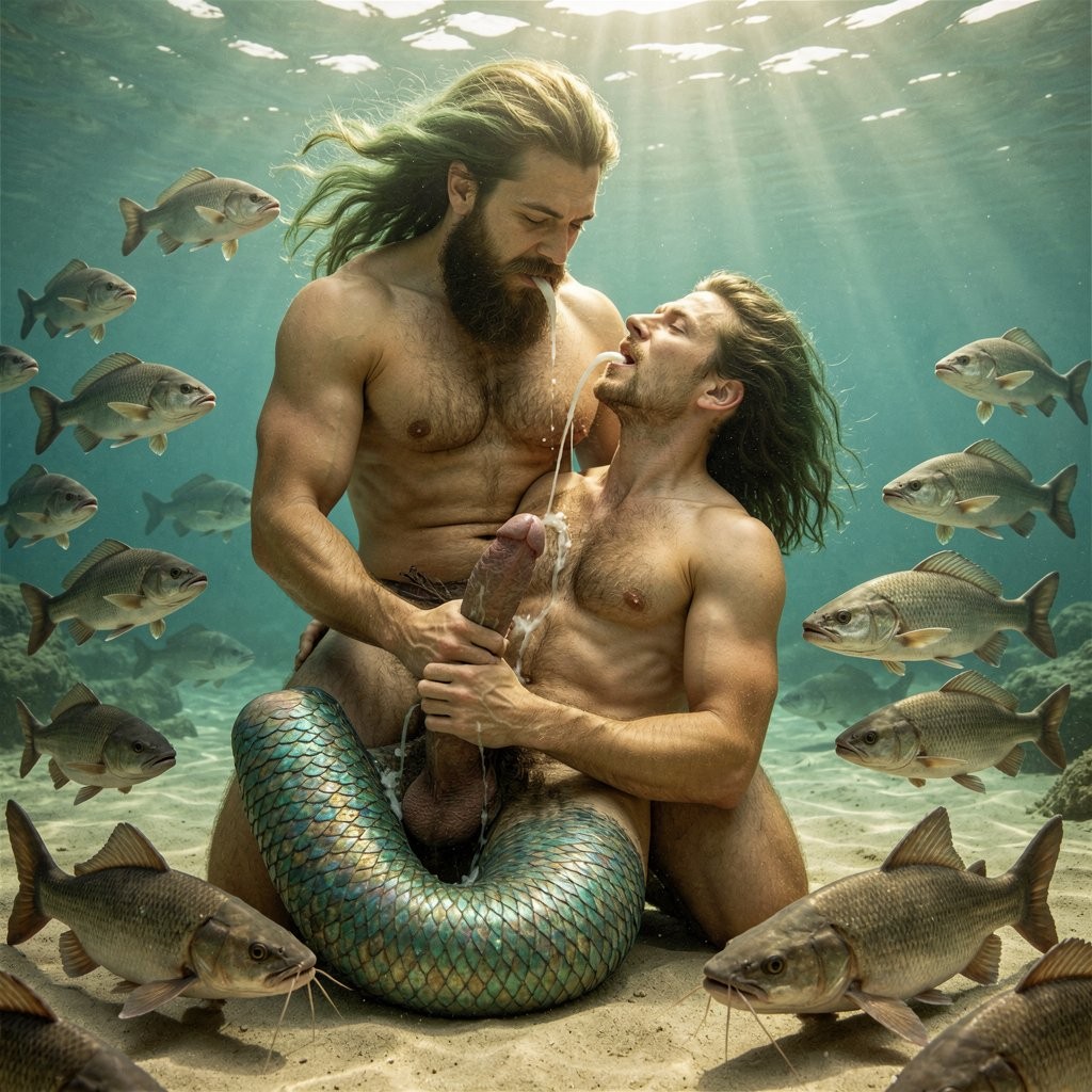 Hyperrealistic cinematic underwater photograph in rich 1938 Kodachrome style, ultra-sharp detail, zero distortions, zero warping, perfect natural anatomy and flawless perspective. The scene captures the exact moment of raw divine mating at the bottom of the Nile River right at its wide estuary where the freshwater meets the open turquoise Mediterranean Sea.

The colossal god Triton dominates the frame with his enormous hyper-muscular humanoid torso of radiant bronzed skin glowing with ethereal golden-green light underwater. His long flowing sea-green hair and thick beard drift majestically in the gentle current. His square, regal face shows intense divine lust as he powerfully fucks Errolneptuno. From the waist down extends his colossal, powerfully muscled fish tail covered in living iridescent scales of emerald, sapphire and liquid gold, curled to hold position on the sandy riverbed. His massive 32 cm thick uncircumcised cock is buried to the absolute hilt inside Errolneptuno’s stretched ass, the thick shaft visibly pulsing as he thrusts deep and slow, golden divine precum and cum leaking in thick glowing strands that rise slowly toward the surface.

Errolneptuno, exactly 30 years old, 1.83 m tall, 75 kg with only 6% body fat, is completely naked and held firmly in Triton’s powerful grip. His athletic and powerfully muscular body with wide shoulders, strong V-taper, thick hairy chest, veiny neck and powerful arms is fully visible from head to toe. His body is covered in abundant, thick dark golden-blond body hair that floats and sways sensually in the current: heavy dense pelt across his powerful chest surrounding the nipples and joining in the center, a prominent diamond-shaped treasure trail descending from the navel branching across the lower belly, dense curly pubic hair surrounding his thick 20 cm circumcised cock (shaft widening slightly toward the middle, large prominent fully exposed glans with marked flared corona and visible raised urethra) which throbs hard and leaks a continuous string of white cum upward. His large heavy hanging balls in their dark wrinkled scrotum sway with each thrust, the right testicle hanging four millimeters lower than the left. His forearms, thighs and calves are also covered in thick golden-blond hair. His sharply angular masculine face — wide and very defined jaw with prominent square chin and deep dimple, high pronounced cheekbones with deep malar hollows, broad proportionate forehead, medium-thick light eyebrows slightly arched, deep-set intense blue eyes half-closed in surrendered ecstasy, straight medium nose, and moderately full lips (especially the lower one) parted in a silent moan — shows pure pleasure. His short, thick, slightly wavy dark-blond hair with golden highlights drifts wildly in the water.

They are completely surrounded by a dense, swirling school of realistic Nile fish: large silver-blue Nile perch with dark backs, greenish-brown tones and bright yellow-ringed black eyes gliding powerfully; dozens of bronze-gray Nile tilapias with distinctive vertical stripes on their tails brushing against their bodies; and several massive spotted catfish with long barbels, cylindrical brown bodies and wide mouths drifting lazily around them, their whiskers occasionally touching skin, hair and scales. The water transitions visibly from the murky golden-green of the deep Nile to the clearer, brighter turquoise of the Mediterranean at the wide estuary mouth.

Bright shafts of sunlight pierce dramatically from the surface far above, creating volumetric god-rays that illuminate every strand of floating body hair, every glistening scale, every bulging muscle, every droplet of cum and every bubble rising from their union. The background shows the vast open Mediterranean visible through the estuary, with faint ancient submerged ruins on the sandy bottom. Maximum photographic realism, flawless male anatomy from head to tail, rich cinematic underwater lighting with explicit sexual detail, epic composition, museum-quality detail, no deformities, full body visible.