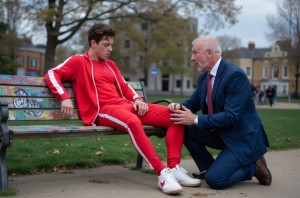 In an urban park at dusk, a young tracksuit lad, red and white tracksuit, Nike sneakers, sits sprawled on a graffiti-covered bench, legs spread wide apart. He commands with his body language while an older executive in a blue suit and expensive Oxford shoes kneels at his feet, forced to polish the dirty Nike sneaker with his expensive silk tie, fighting to hold his pride as passersby glance their way.
