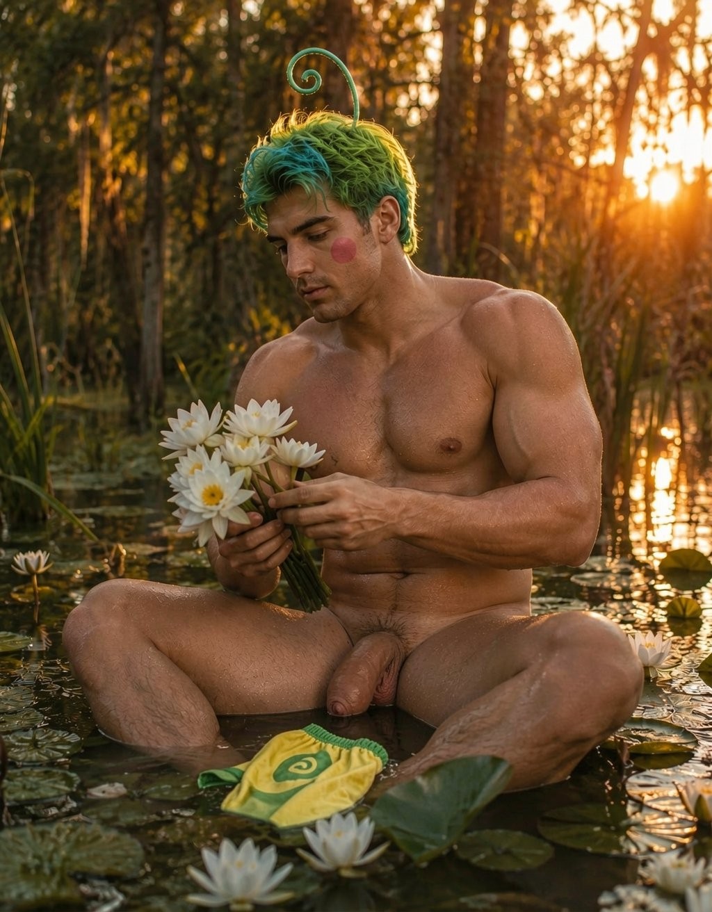 Un hombre desnudo y musculoso está sentado con las piernas abiertas en un estanque cubierto de nenúfares, con el pene visible sobre el agua y la piel mojada por la luz cálida del atardecer. Tiene el pelo teñido de verde, con un mechón rizado que sobresale hacia arriba, y una marca rosada en la mejilla que refuerza un aspecto fantástico o de hada. Mira con expresión tranquila un pequeño ramo de flores blancas de loto que sostiene entre las manos. A su alrededor flotan hojas verdes, flores acuáticas y un paño amarillo con un dibujo en espiral, mientras el bosque del fondo queda iluminado por reflejos dorados del sol entre los árboles.