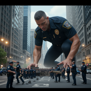 Hiper-realista render, hombre gigante policia, físico imponente y atlético, aplastando a un grupo de hombres diminutos que miden 1cm, policías uniformados con rostros de miedo y desesperación, con sus vehículos y equipo de policía también miniaturizados, en un entorno urbano con edificios y coches a escala normal, iluminación dramática y sombras profundas, texturas detalladas y realistas, foco en la escena de aplastamiento con los policías diminutos intentando escapar, expresiones faciales detalladas y emotivas, ambiente de poder y dominación, renderizado de alta calidad con luces y sombras realistas.