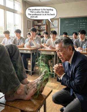 A bright classroom with large windows brings together several uniformed students sitting at desks, while an older teacher in a blue suit appears kneeling beside a table, hands clasped in an attitude of pleading or worship before a pair of bare feet resting on the tabletop. The feet, in the foreground, are dirty or covered in moisture, with a greenish effect of vapor or emanation suggesting a bad smell, creating a surreal and humiliating scene. In the background there is a blackboard with formulas, shelves, and school supplies, and over the scene appears a speech bubble in English saying that the teacher is their “lapdog,” “slave,” and at their disposal, reinforcing the tone of domination, submission, and foot fetishism within a classroom setting.