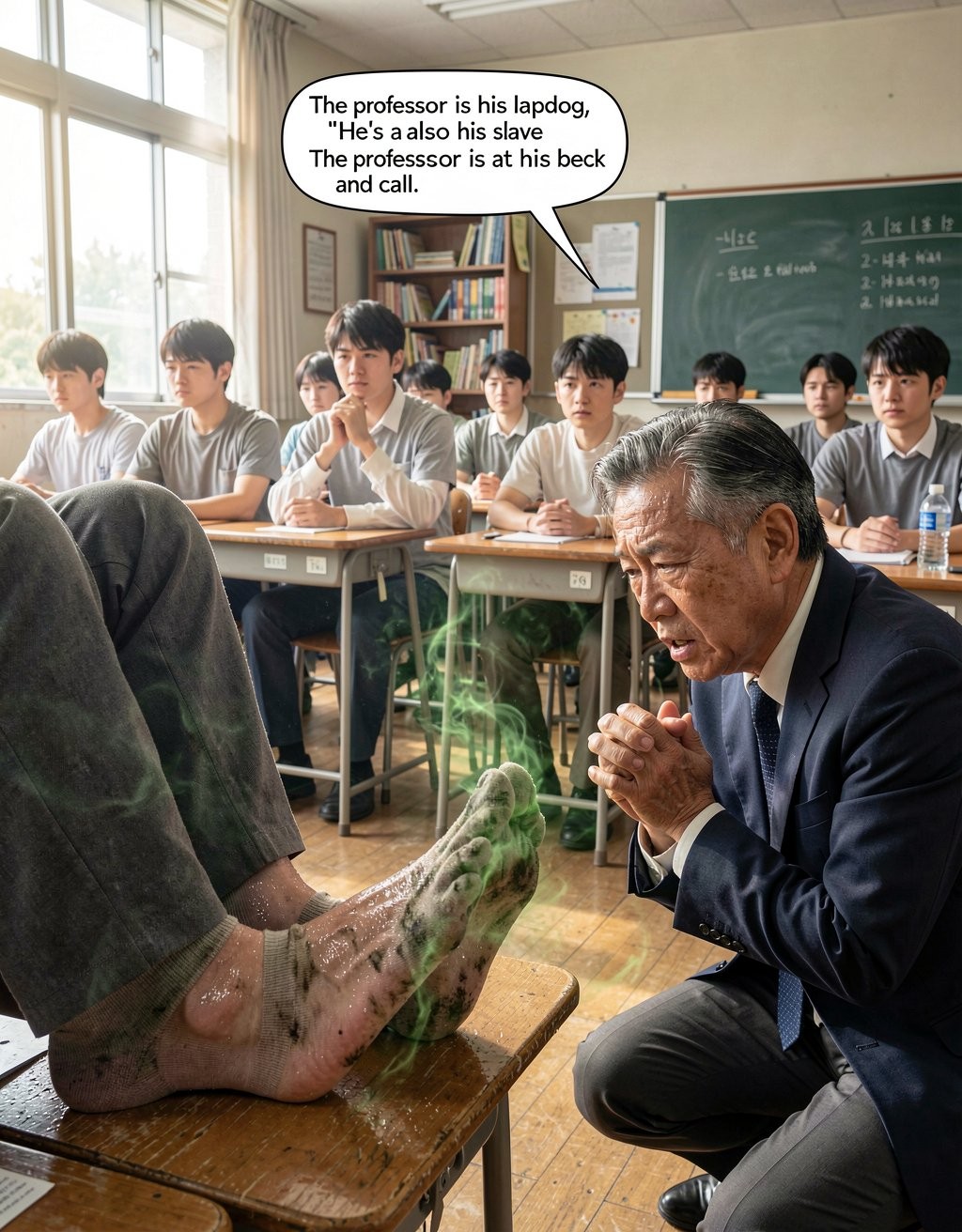 A bright classroom with large windows brings together several uniformed students sitting at desks, while an older teacher in a blue suit appears kneeling beside a table, hands clasped in an attitude of pleading or worship before a pair of bare feet resting on the tabletop. The feet, in the foreground, are dirty or covered in moisture, with a greenish effect of vapor or emanation suggesting a bad smell, creating a surreal and humiliating scene. In the background there is a blackboard with formulas, shelves, and school supplies, and over the scene appears a speech bubble in English saying that the teacher is their “lapdog,” “slave,” and at their disposal, reinforcing the tone of domination, submission, and foot fetishism within a classroom setting.