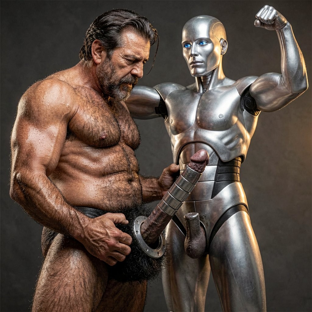 Un hombre desnudo, corpulento y muy velludo, con barba y torso musculoso, aparece junto a un androide plateado de aspecto humanoide en una escena de estudio con fondo oscuro. El hombre mira hacia abajo mientras sujeta una gran prótesis fálica o dildo sujeto a la zona pélvica, con el pene parcialmente visible y vello púbico abundante. A su lado, el robot metálico, de rostro inexpresivo y ojos azules, posa con un brazo rodeándole los hombros y el otro flexionado mostrando bíceps, resaltando su cuerpo cromado, pecho definido, abdomen segmentado y diseño futurista. La composición mezcla desnudez masculina explícita, estética de ciencia ficción, erotismo mecánico y contraste entre carne humana y metal pulido.
