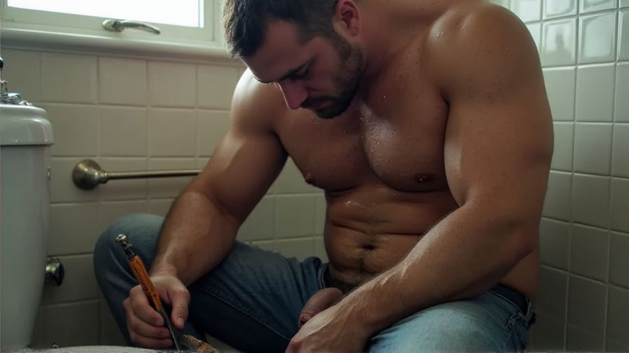 Prompt: Un hombre fornido, de torso desnudo, se encuentra en un cuarto de baño mientras repara una tubería con herramientas a su lado. Sus jeans están ligeramente desabrochados, dejando al descubierto su miembro viril en un gesto provocativo y descarado. Su piel brilla con gotas de sudor, sugiriendo el esfuerzo y el calor del trabajo. La luz que entra por la ventana resalta sus músculos bien definidos y su expresión concentrada y seductora. El ambiente es íntimo y cargado de tensión.