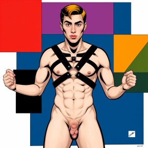 Hombre de 25 años desnudo con arnés. Estilo cubista, comic y pop art
